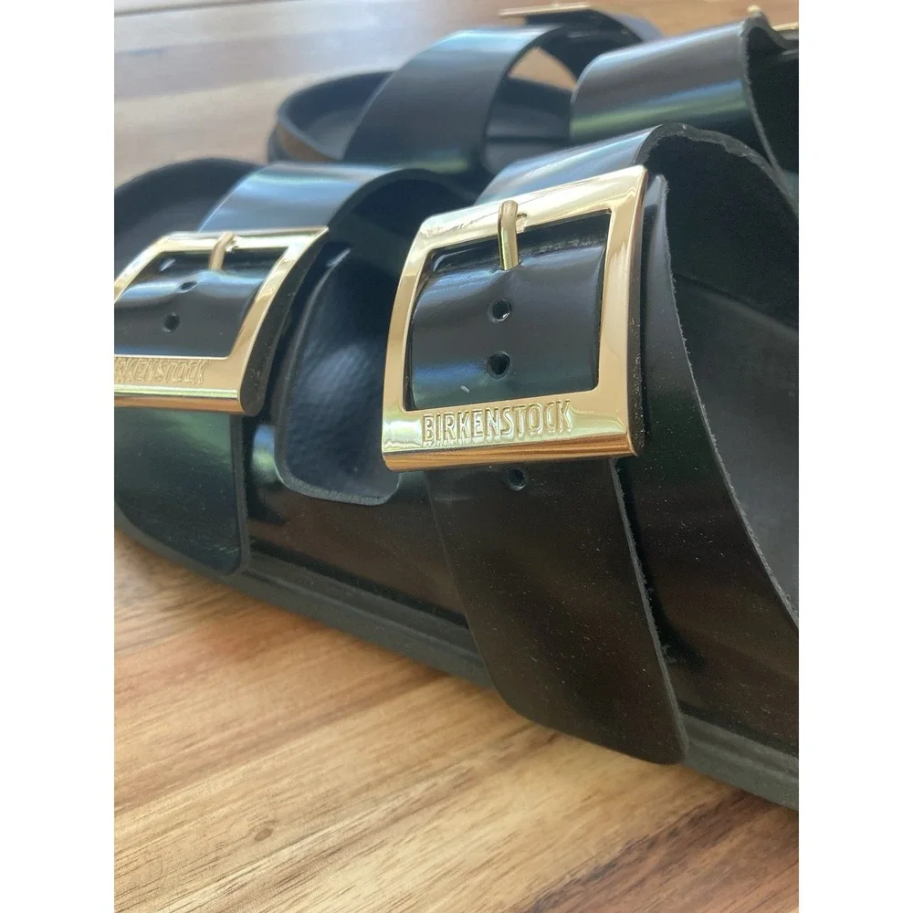 Birkenstock Arizona Droplet Buckle EU38 US7 Sandals High Shine Black Gold Narrow